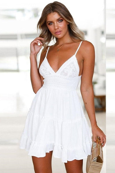Boho Short Dress White with Lace and ...